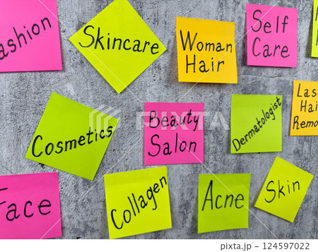 List of words about fashion and beauty industry on bright stickers. Reminder about the difficulties of caring for your body. Importance of skin care and the difficulty of maintaining healthy beauty List of words about fashion and beauty industry on bright stickers. Reminder about the difficulties of caring for your body. Importance of skin care and the difficulty of maintaining healthy beauty 124597022
