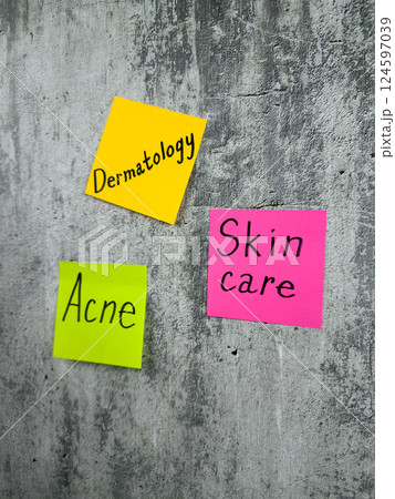 Skin care, important problem for people with epidermal defects. Bright stickers for notes with reminder to take care of your skin. Removal of acne and other skin defects Skin care, important problem for people with epidermal defects. Bright stickers for notes with reminder to take care of your skin. Removal of acne and other skin defects 124597039