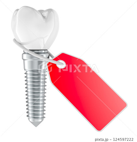 Dental Implant with Red Sale Tag, 3D rendering 124597222