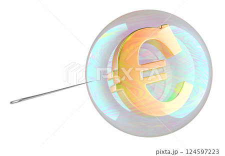 Economic or Financial bubble, concept. Euro symbol inside soap bubble with needle. 3D rendering 124597223