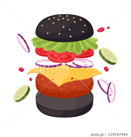 Black burger. Cartoon cheeseburger with various ingredients, vegetable, cheese, beef patty and sauce flat vector illustration. Tasty fast food burger constructor 124597494
