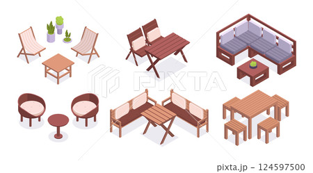 Garden furniture. Isometric chairs and coffee tables, comfortable backyard or terrace furniture 3d vector illustration set. Backyard furniture collection 124597500