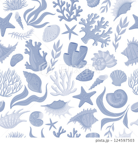 Marine sea shells seamless pattern. Underwater fauna, starfish and corals, scallops, mollusks and shellfish flat vector background illustration. Cartoon seashells endless design 124597503