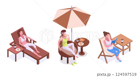 Women chilling outdoor. Isometric girls spending time on backyard, summerhouse garden furniture and chilling female characters 3d vector illustration set. Relaxing characters Women chilling outdoor. Isometric girls spending time on backyard, summerhouse garden furniture and chilling female characters 3d vector illustration set. Relaxing characters 124597519