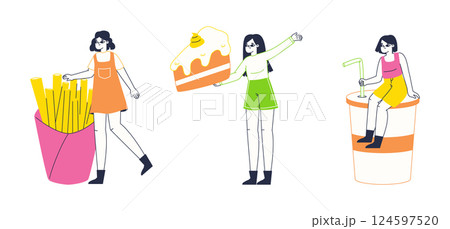 Women with huge food. Girls carrying big fast food flat vector illustration set. Tiny females carry various food Women with huge food. Girls carrying big fast food flat vector illustration set. Tiny females carry various food 124597520