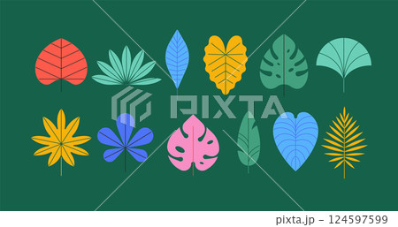 Summer tropic leaves design collection. Geometric simple, flat, modern style. Summer illustrations Summer tropic leaves design collection. Geometric simple, flat, modern style. Summer illustrations 124597599