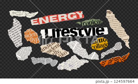 Torn Paper Sheets with Words, Ripped Newspaper Text, Handwritten Edged Notepaper, Magazine Scrapbook Fashion, Retro Gazette. Trendy Collage Vector Set, Vintage Modern Isolated Stickers 124597664