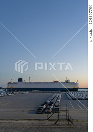 Ro-Ro Ship and New Cars on Large Parking Lot in Port Ro-Ro Ship and New Cars on Large Parking Lot in Port 124597766