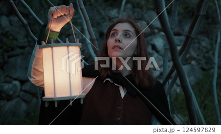 Woman Is Scared In The Public Park At Night Alone Not Safe 124597829