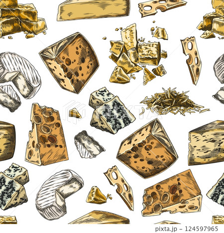 Vector seamless background with different types of cheese, hand drawn watercolor illustration. 124597965