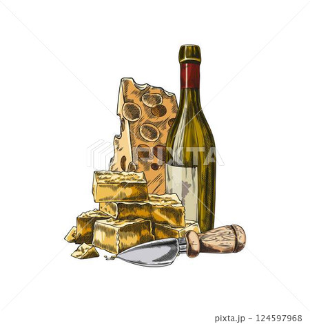 Composition of different cheeses with bottle of wine and cheese knife vector sketch, hand drawn maasdam and parmesan 124597968