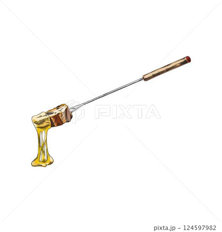 Cheese fondue vector sketch, hand drawn melted cheese with bread slice, dripping hot cream on fondue skewer with toast 124597982