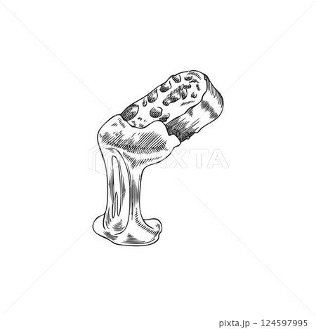 Melted cheese on bread slice vector sketch, hand drawn engraved illustration of fondue dish, dripping cheese on toast 124597995
