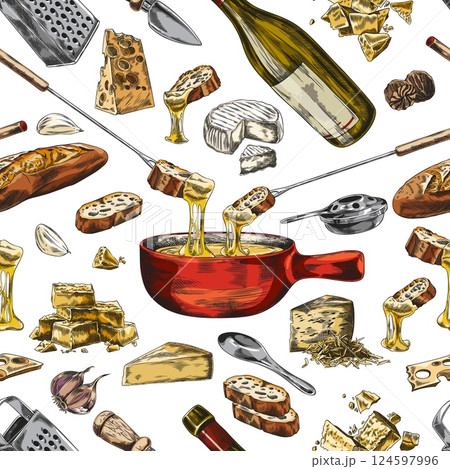Cheese fondue sketch vector seamless pattern, melted cheese with bread slice on fondue skewer and bowl, wine and garlic 124597996