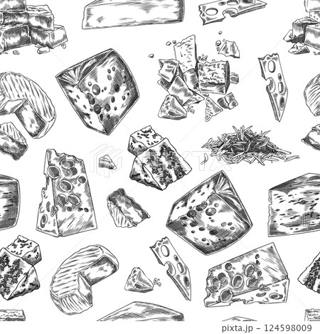 Monochrome sketch vector with pieces of different types of cheese in seamless pattern. 124598009