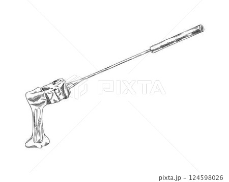 Monochrome sketch of fondue stick with a piece of loaf with melted cheese. Monochrome sketch of fondue stick with a piece of loaf with melted cheese. 124598026
