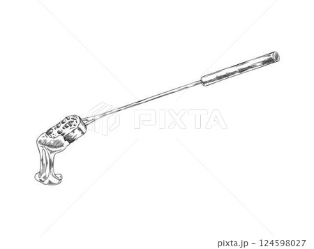 Cheese fondue vector engraved sketch, melted cheese with bread slice, dripping hot cream on fondue skewer with toast 124598027