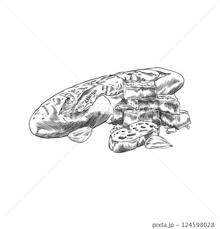 Vector monochrome, sketch of French baguette with pieces of parmesan cheese and garlic cloves. 124598028