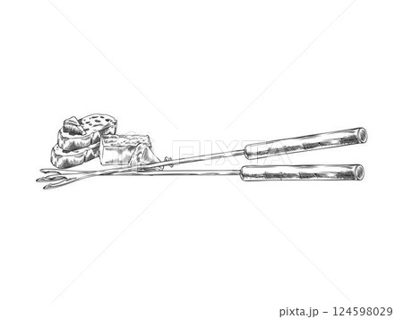 Black and white sketch with fondue forks, bread slices and cheese slices. Black and white sketch with fondue forks, bread slices and cheese slices. 124598029