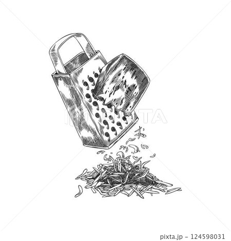 Edam cheese grated by kitchen grater equipment vector sketch, engraved hand drawn healthy snack, cooking ingredient Edam cheese grated by kitchen grater equipment vector sketch, engraved hand drawn healthy snack, cooking ingredient 124598031
