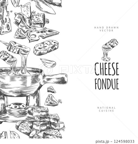 Vector poster with side seamless border of cheese fondue ingredients and equipment, hand drawn. 124598033