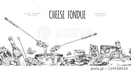 Cheese fondue engraved sketch vector banner, melted cheese with bread slice on fondue skewer and bowl, national cuisine Cheese fondue engraved sketch vector banner, melted cheese with bread slice on fondue skewer and bowl, national cuisine 124598034