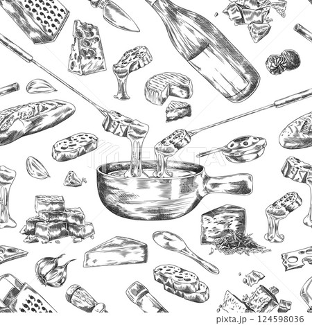 Monochrome seamless background with fondue ingredients and equipment, hand drawn vector. Monochrome seamless background with fondue ingredients and equipment, hand drawn vector. 124598036