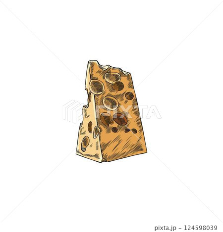 Maasdam cheese triangle part with round holes vector sketch, hand drawn healthy milk product, Emmental yellow piece Maasdam cheese triangle part with round holes vector sketch, hand drawn healthy milk product, Emmental yellow piece 124598039