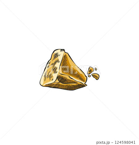 Parmesan cheese grated pieces vector sketch, milk food production, hand drawn healthy snack, yellow cheese brick parts 124598041