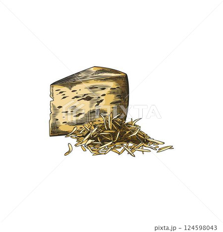 Edam cheese with holes triangle part and grated vector sketch, hand drawn healthy snack, Cheddar piece milk production Edam cheese with holes triangle part and grated vector sketch, hand drawn healthy snack, Cheddar piece milk production 124598043