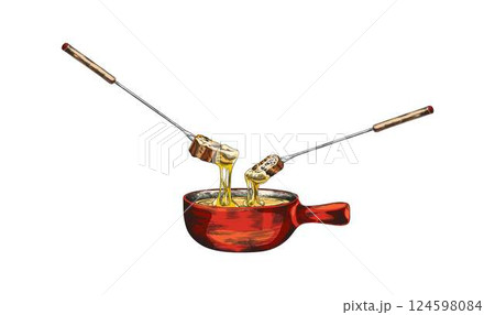 Cheese fondue vector sketch, melted cheese with bread slice, fondue bowl, dripping hot cream on the skewer with toast 124598084
