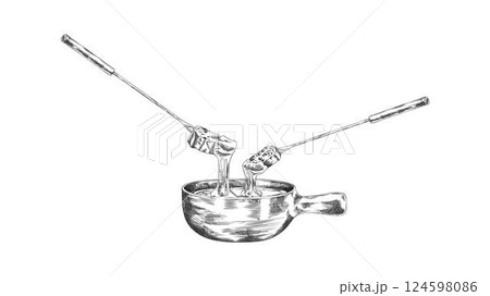 Cheese fondue vector ink sketch, engraved hand drawn melted cheese with bread slice on the skewer, fondue bowl 124598086