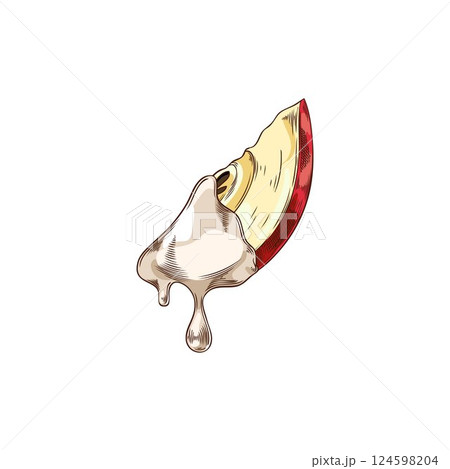 Chocolate fondue with fruits. Watercolor sketch of apple slice in melted white chocolate. Chocolate fondue with fruits. Watercolor sketch of apple slice in melted white chocolate. 124598204