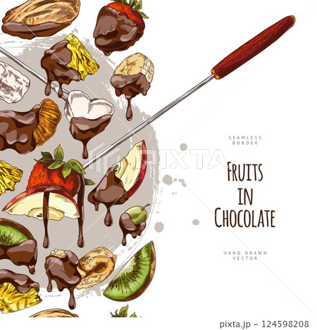 Vector watercolor sketch of fruit fondue in seamless poster side border. 124598208