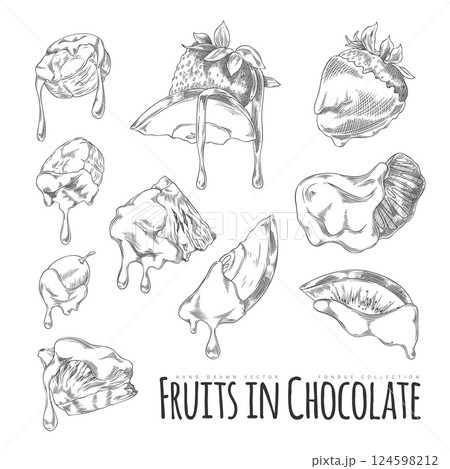 Fondue collection sketch, berries and fruit pieces with melted chocolate or cheese cream hand drawn vector engraved set Fondue collection sketch, berries and fruit pieces with melted chocolate or cheese cream hand drawn vector engraved set 124598212