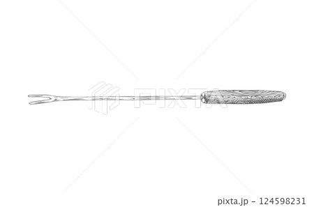 Fork fondue engraved vector, hand drawn skewer with wooden handle for dipping in melted chocolate, kitchen appliance 124598231