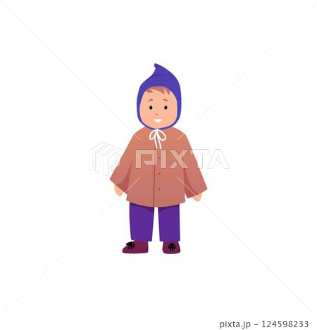 Vector of smiling baby boy in clothes, blue pants, hat and brown jacket. Vector of smiling baby boy in clothes, blue pants, hat and brown jacket. 124598233