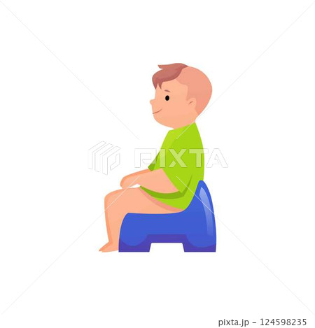 Cute baby boy sitting on blue potty, vector cartoon smile toddler learning to use potty, first year old infant hygiene Cute baby boy sitting on blue potty, vector cartoon smile toddler learning to use potty, first year old infant hygiene 124598235