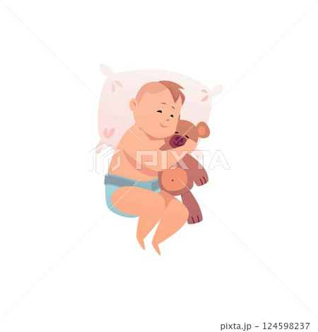 Cute baby in diaper sleeping on pillow and hugging teddy bear toy, vector cartoon first year boy or girl child dream Cute baby in diaper sleeping on pillow and hugging teddy bear toy, vector cartoon first year boy or girl child dream 124598237