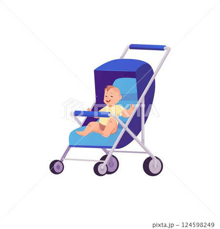 Vector illustration of happy little boy sitting in baby carriage in blue color. 124598249