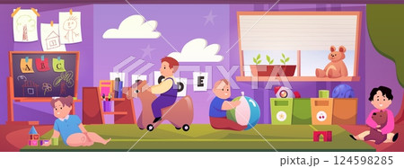 Vector poster of kids room interior with toddlers in different activities. 124598285