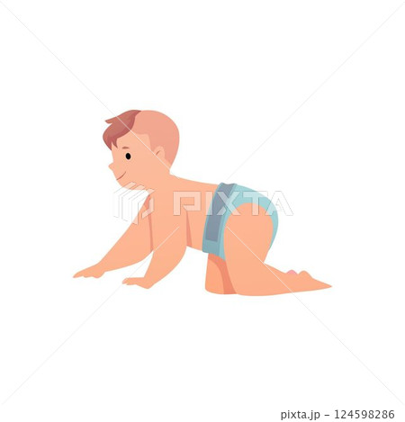 Cute lovely little baby in diaper, vector cartoon active baby learn to craw, first year child, healthy boy girl infant Cute lovely little baby in diaper, vector cartoon active baby learn to craw, first year child, healthy boy girl infant 124598286