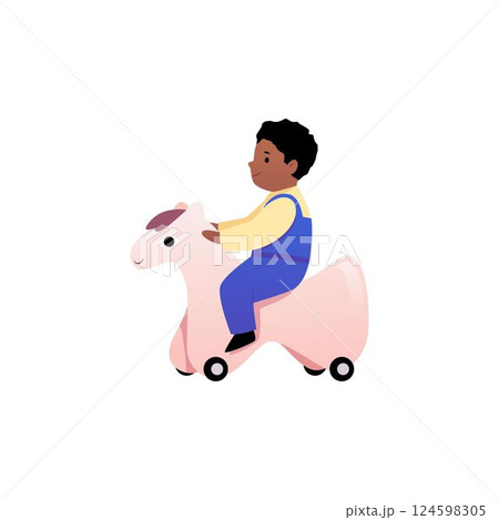 Vector illustration of happy dark skinned little boy sitting on toy horse with wheels. 124598305
