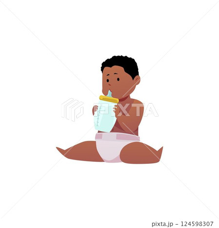 Dark-skinned little boy sitting and holding a bottle with a pacifier in his mouth, vector. 124598307