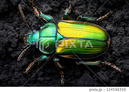 Vibrant metallic green beetle on dark soil showing colorful carapace and intricate details 124598350