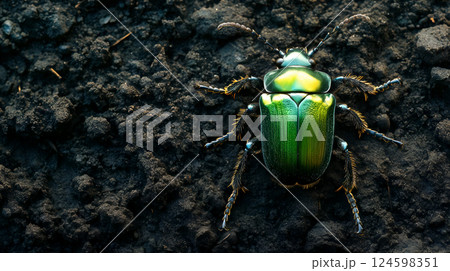 Close-up of vibrant green beetle on dark earthy soil exposing intricate patterns and iridescent colors 124598351