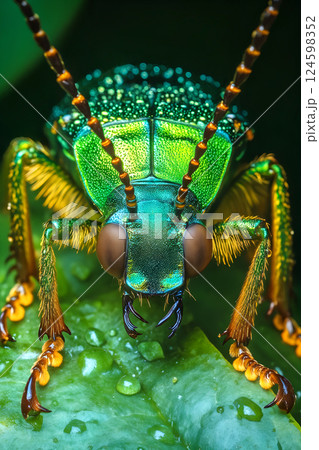 Close-up of vibrant green metallic beetle with detailed antennae and legs on leaf 124598352