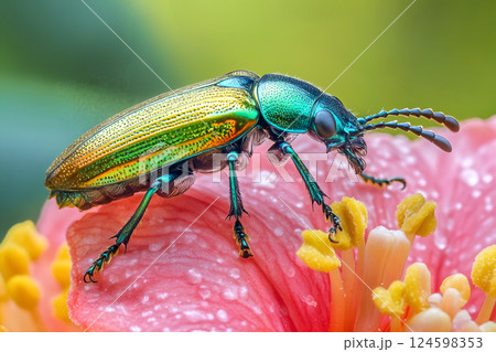 Close-up shot of vibrant green beetle on pink flower with yellow stamen in natural garden setting 124598353