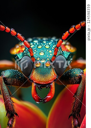 Close-up of colorful beetle with water droplets on antennae and shell for nature and insect enthusiasts 124598359