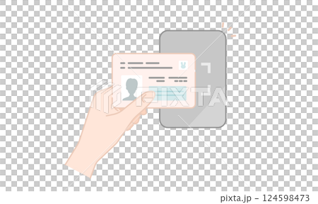 手に持ったマイナンバーカードを端末で読み取るベクターイラスト (線画・フラット) 124598473